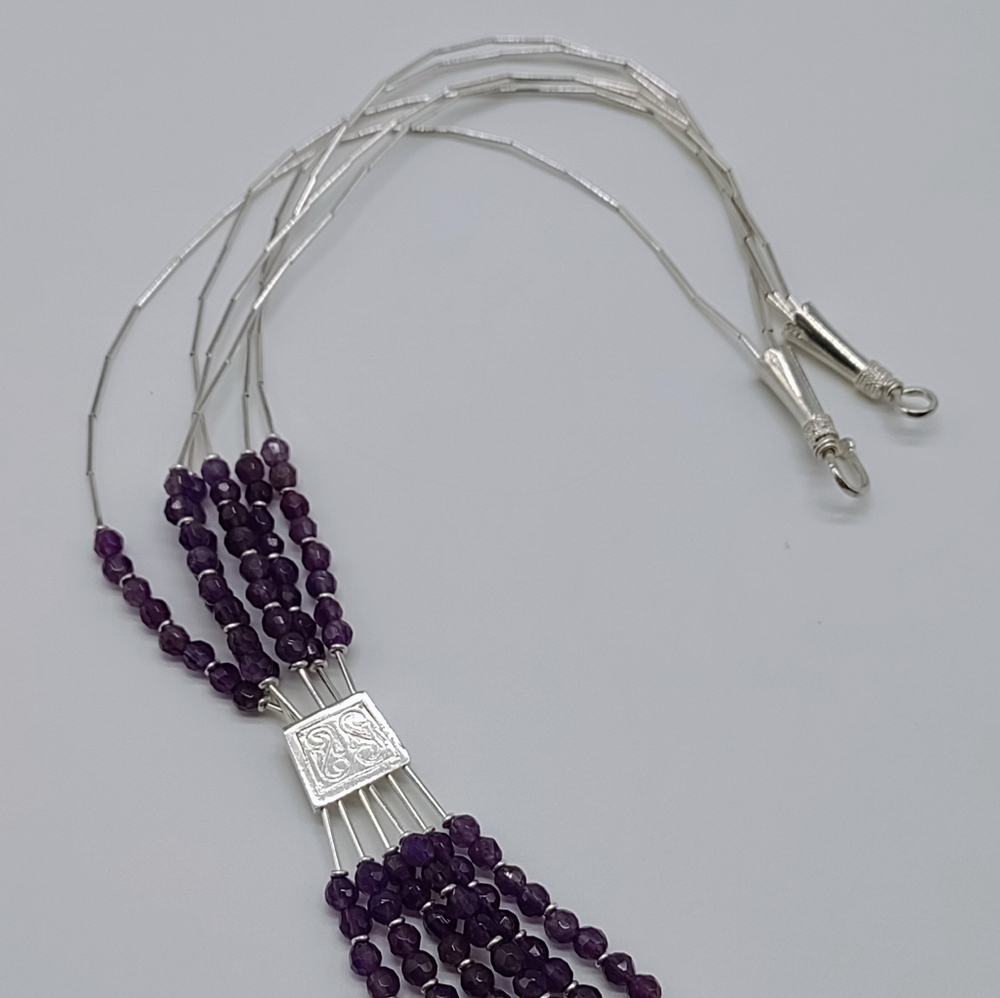 Vintage Sterling Liquid Silver Amethyst Tassel Necklace - Picture 7 of 11